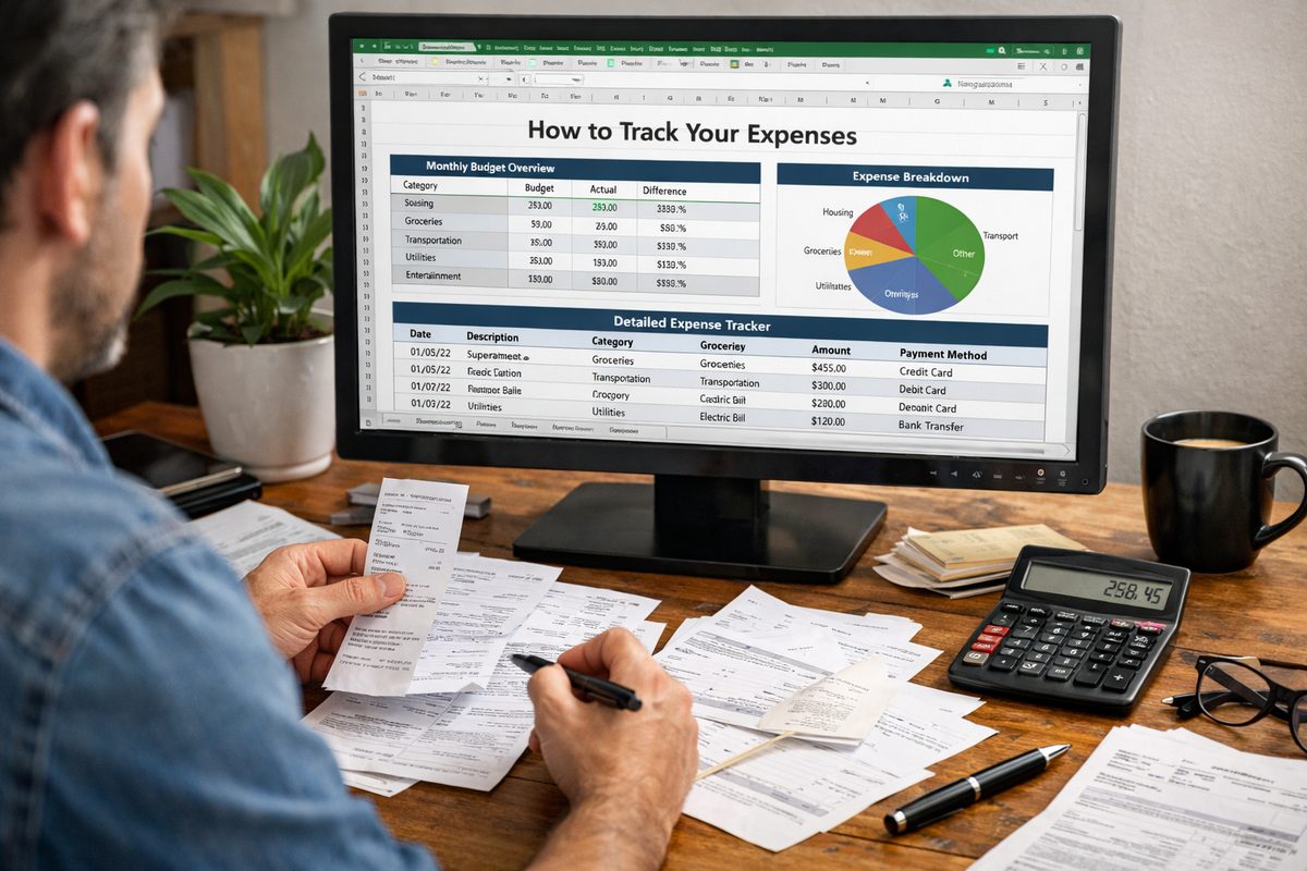Personal finance budget tracker spreadsheet showing monthly expense categories and budget vs actual comparison