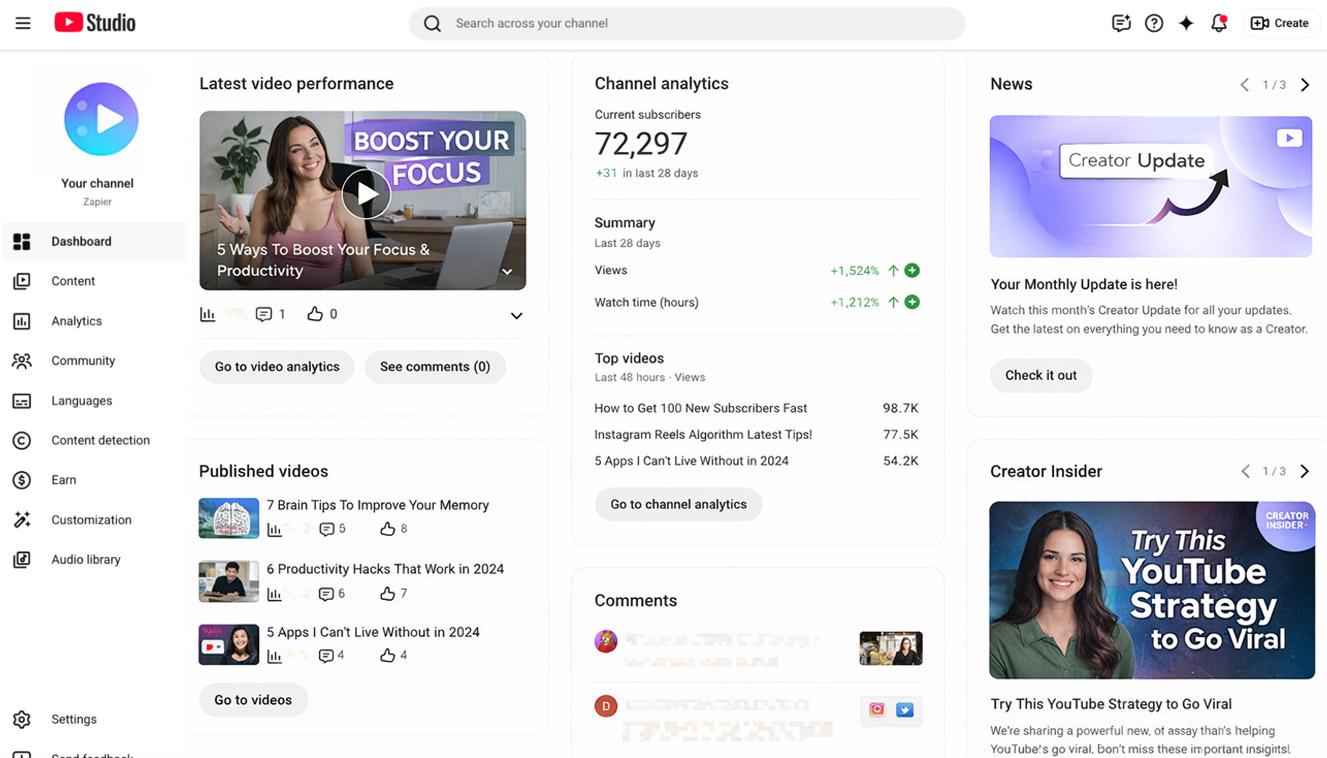 YouTube Studio analytics dashboard showing watch time, views and subscriber metrics for a creator tracking channel performance in Excel